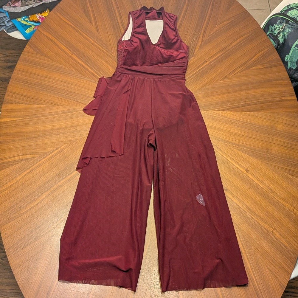 Unbranded Dance Jumpsuit Women Burgundy Sequin Mock Neck Ruffle Overlay